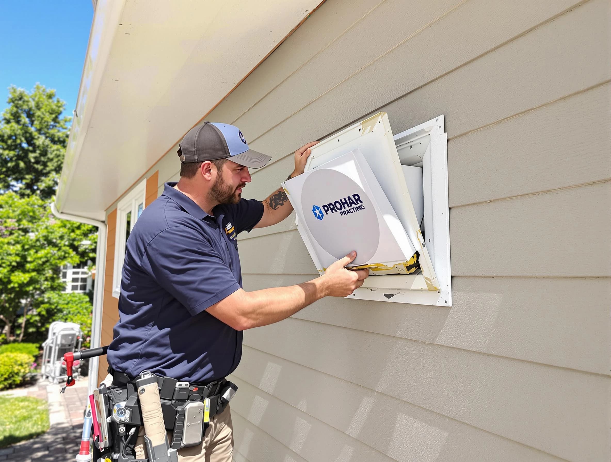 Belen Dryer Vent Cleaning technician installing a new protective dryer vent cover on a home in Belen