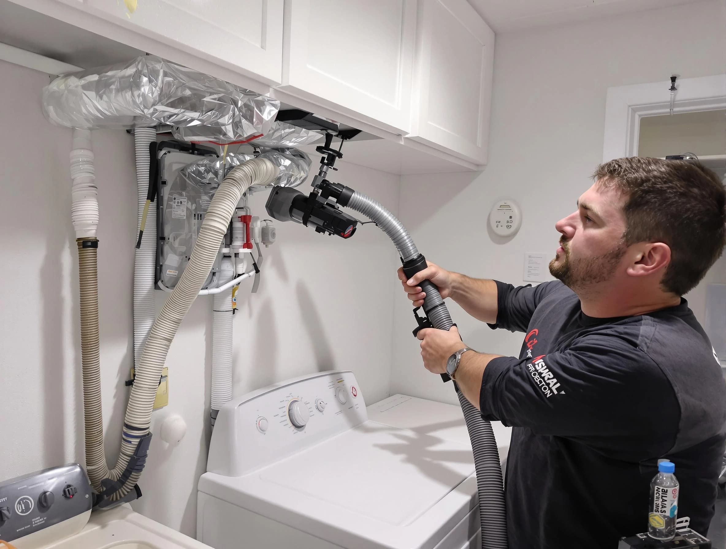Belen Dryer Vent Cleaning certified technician performing safety-focused gas dryer vent cleaning in Belen