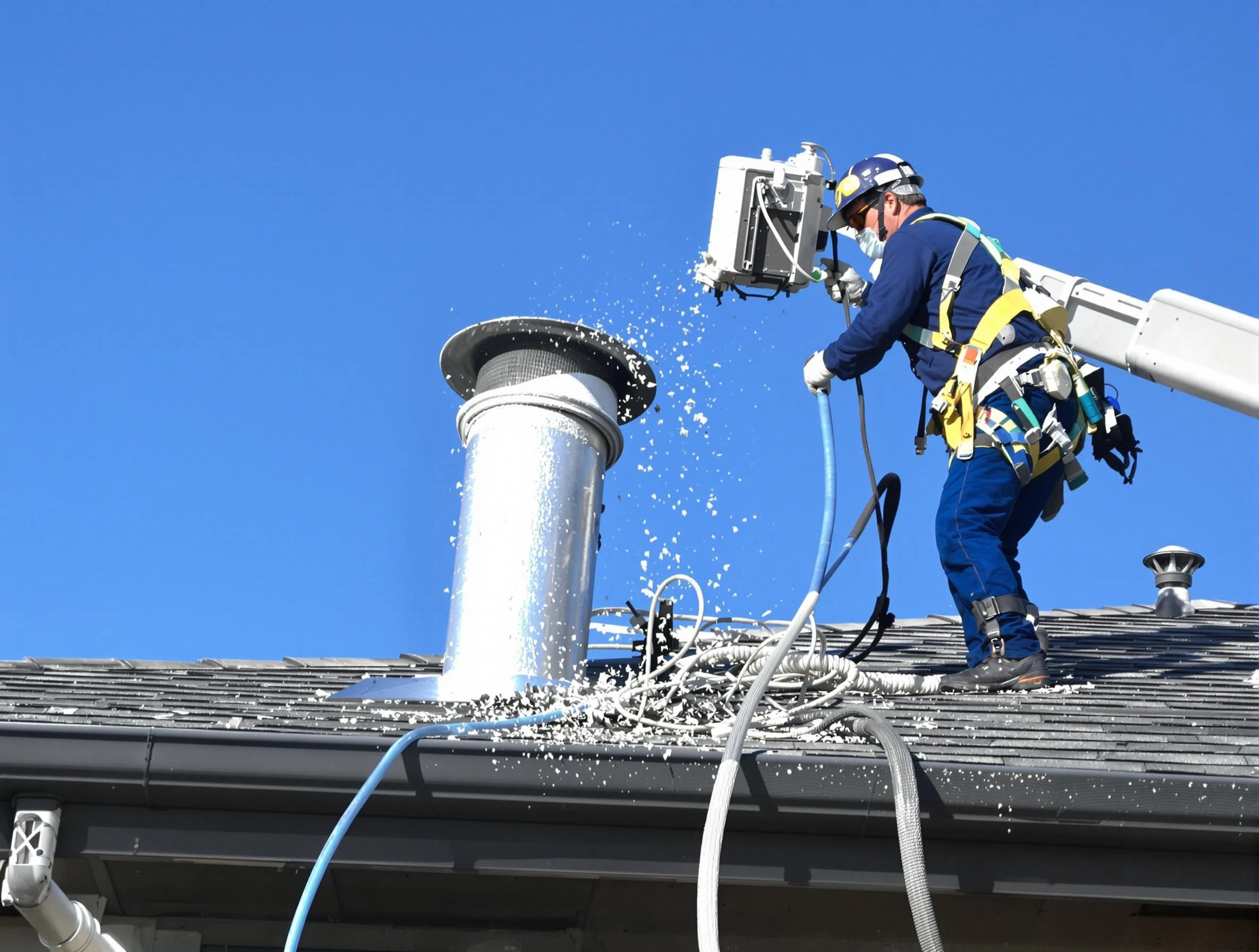 Belen Dryer Vent Cleaning certified technician safely cleaning a roof-mounted dryer vent in Belen