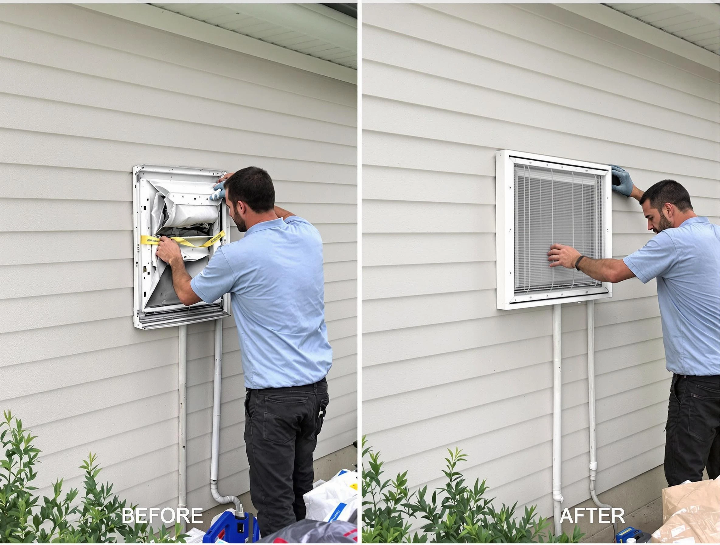 Belen Dryer Vent Cleaning technician installing high-quality dryer vent cover at a residential property in Belen
